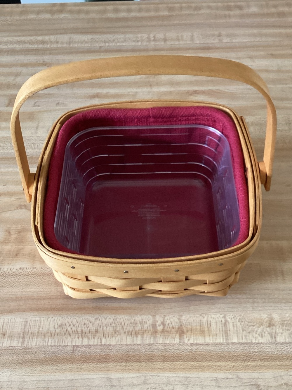Longaberger HandwovenNatural Wood Basket with Fabric Liner and Clear Insert.